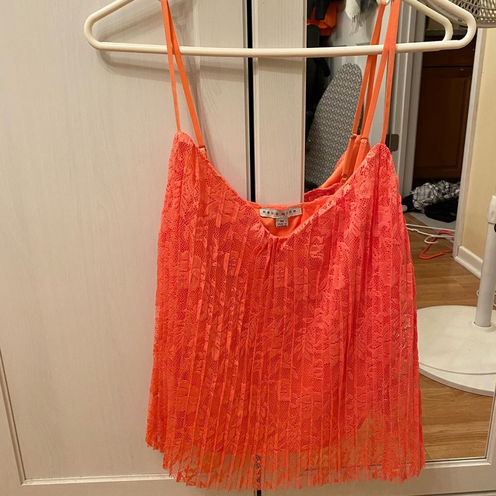 Salmon colored lace and silk dressy top